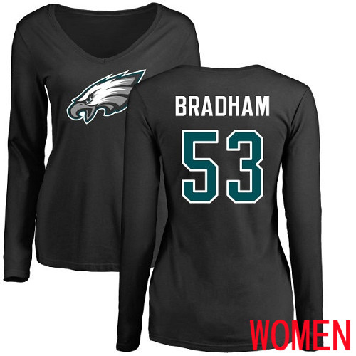 Women NFL Philadelphia Eagles #53 Nigel Bradham Black Name and Number Logo Slim Fit Long Sleeve